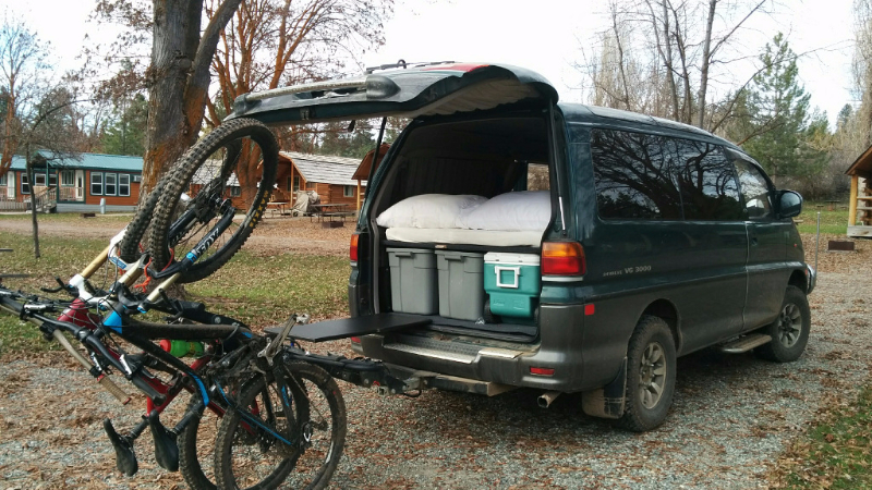 Delica L400 camper rear hatch open with bikes