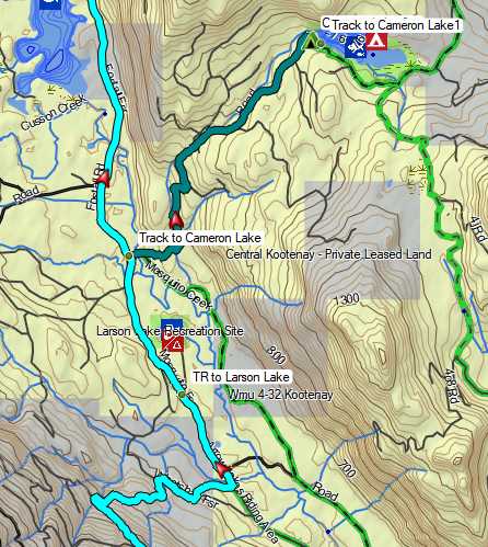 Route showing Larson and Cameron Lakes