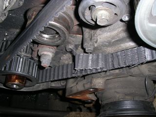 Stripped timing belt - mechanical interference from tensioner failure and jammed up balance shaft belt. The attempted restarts by the owner caused significant valvetrain damage.